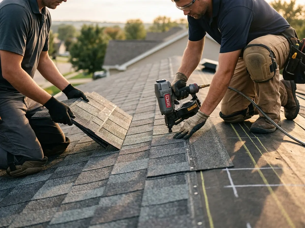 Professional roofer working on a residential roof in Country Homes
